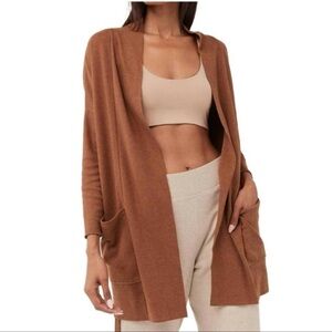 Pact Airplane Organic Cotton Long Line Open Cardigan Caramel Sweater, XS/S